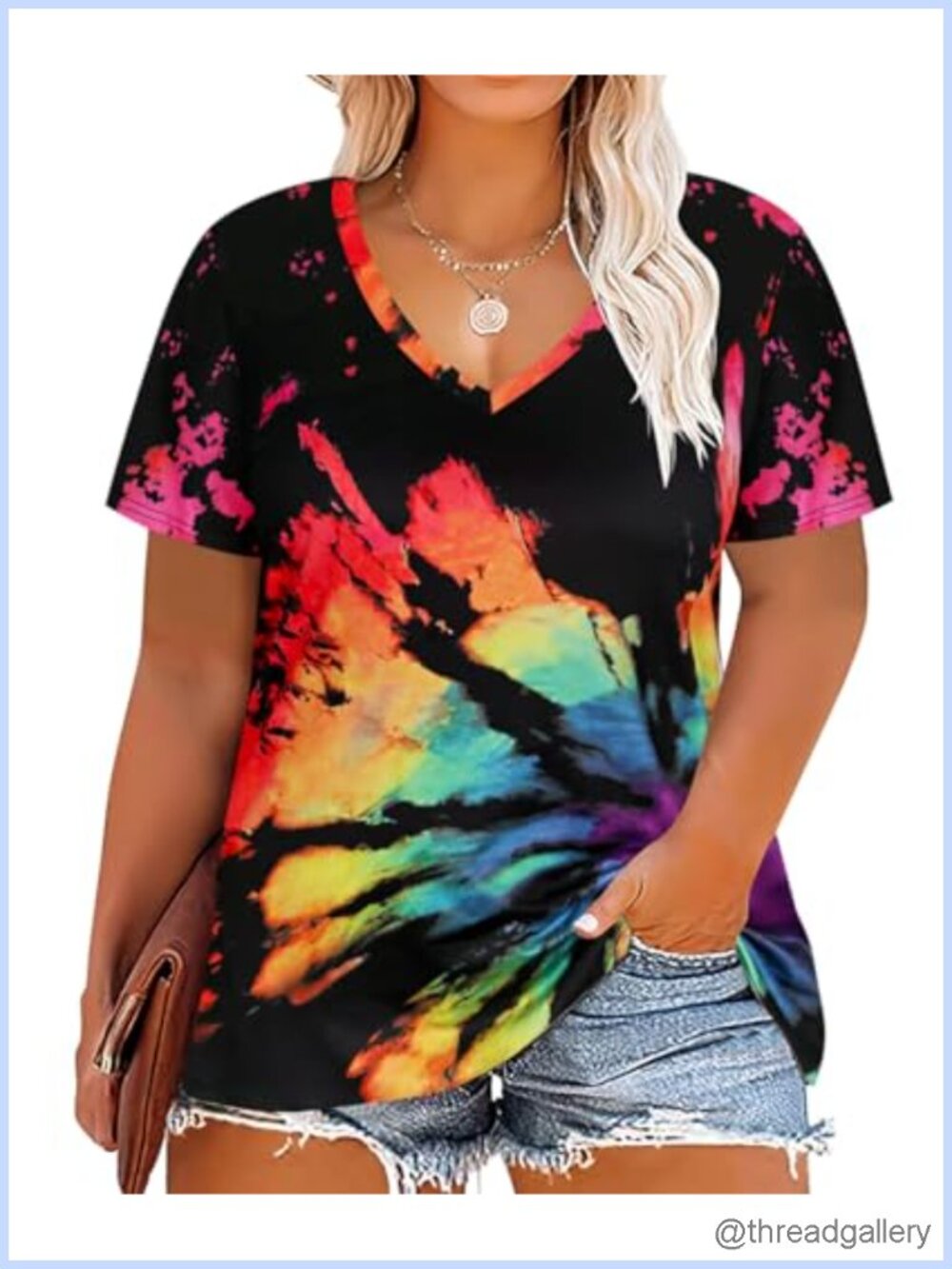 Womens Plus Size Tunic Top Short Sleeve V Neck Tie Dye Blouse